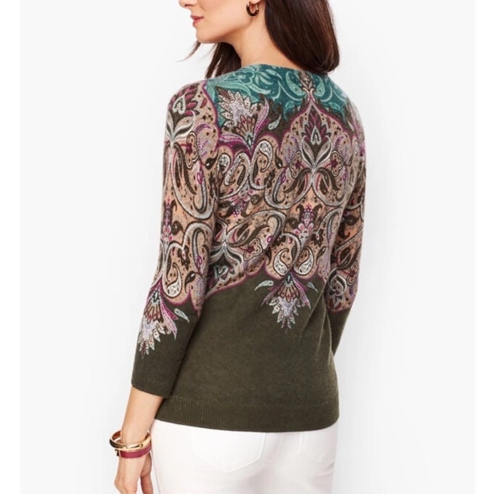 Talbots sz Small CASHMERE SWEATER Audrey Floral PAISLEY brown green crewneck - Picture 2 of 8